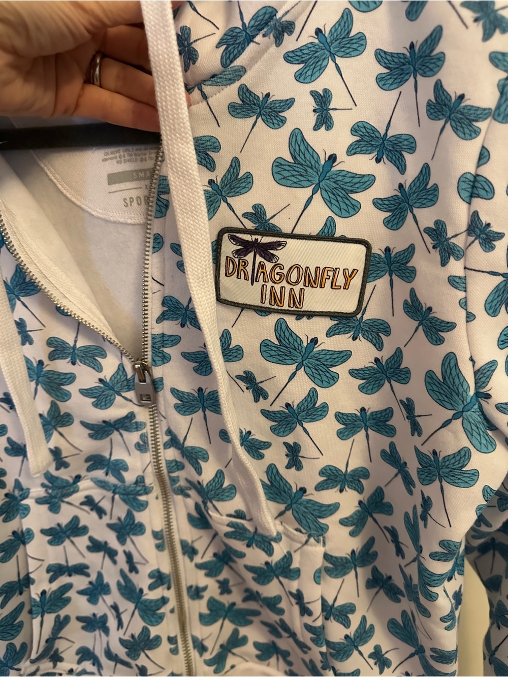 Gilmore Girls White & Teal Dragonfly Zip Hoodie size small